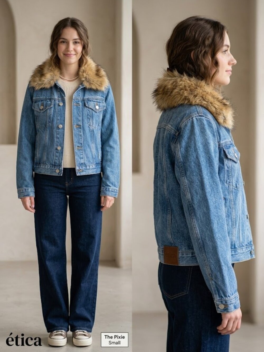 Etica The Pixie Jacket Denim Removable Faux Fur Collar Silvertone Button Medium